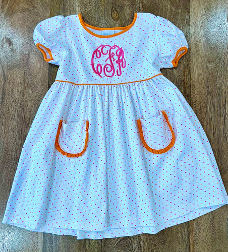 Squiggles by Charlie pink and orange polka dot dress with pockets
