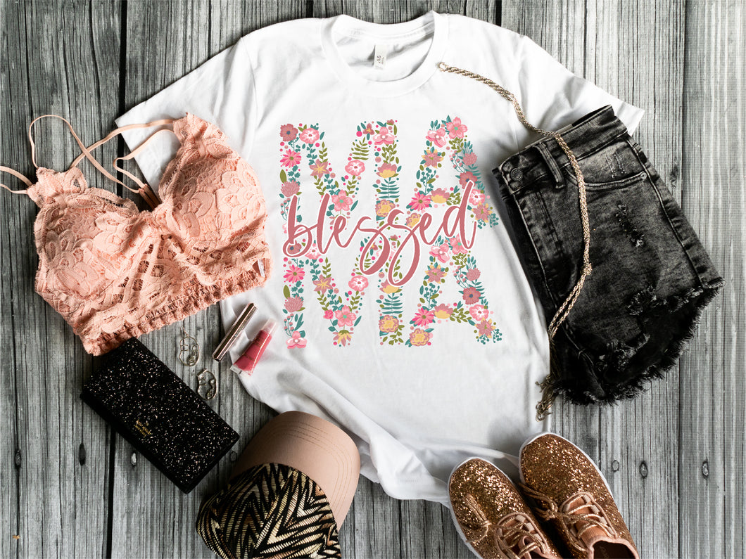 Blessed Mama Floral Screen Print Graphic Tee Shirt